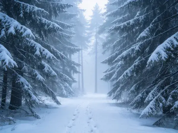 雪松林中的积雪小径场景