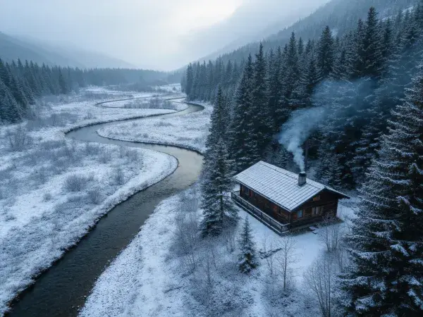 雪地森林溪流旁的木屋景观