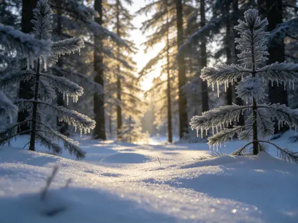 冬日雪松冰挂森林光影场景