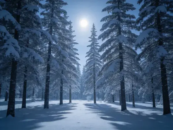 阳光明亮的冬季雪松林景色