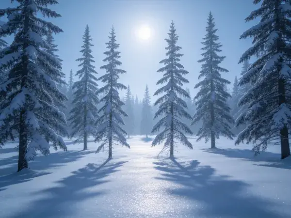 阳光下的雪松林冬日雪景