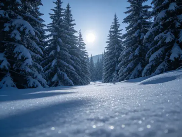 雪地松林冬日阳光景象