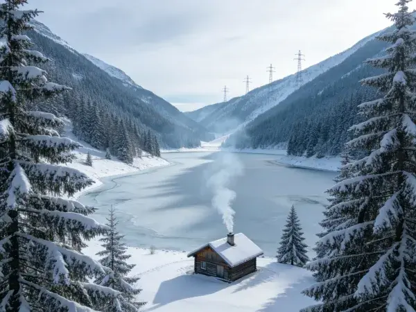 雪山峡谷间木屋与冰湖冬景