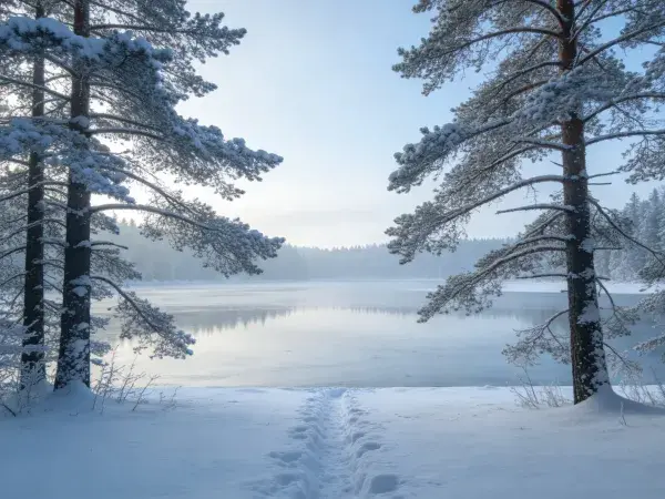 雪松林湖景冬季雪地风光