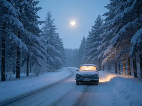 雪夜森林中行驶的复古小型轿车场景
