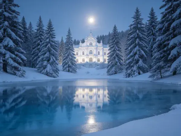 雪地湖面倒映欧式宫殿夜景