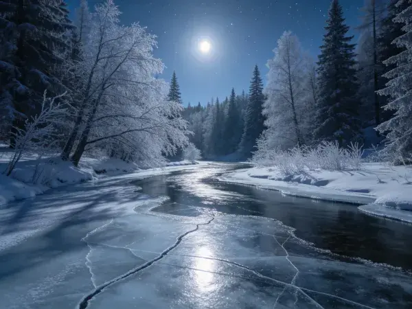 阴暗神秘月光下的冰雪森林溪流场景