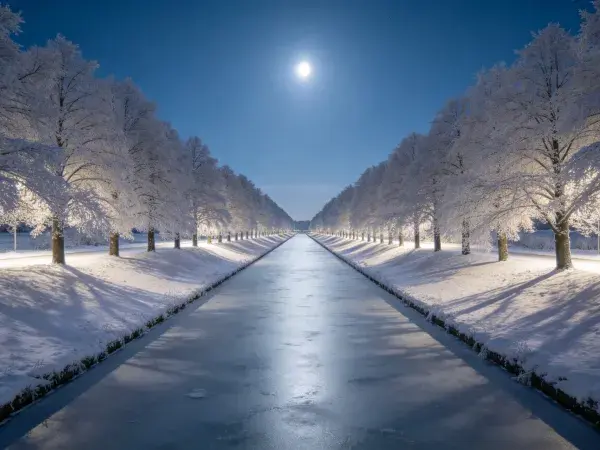 雪夜对称园林水道夜景