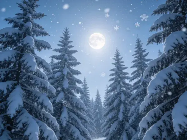 雪夜松林月光下的森林场景