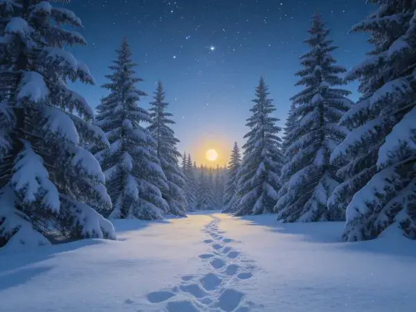 霜夜松林雪径月光景象
