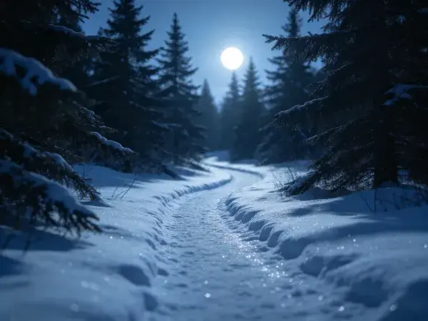 雪夜松林小径月光景象