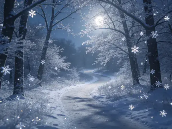 雪夜森林积雪小径场景