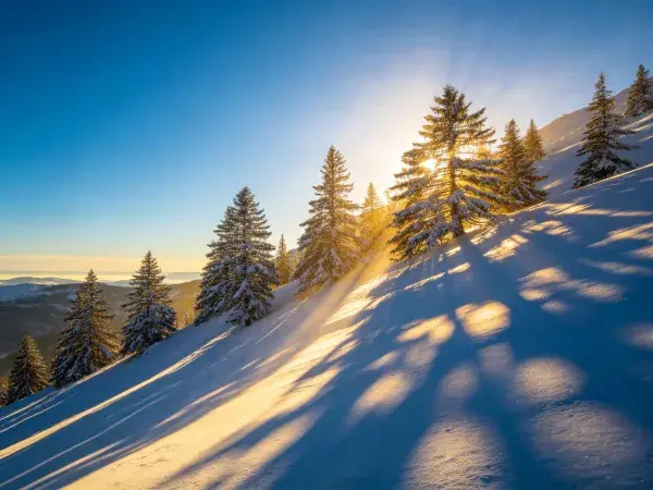 阳光穿透雪松林的山坡雪景