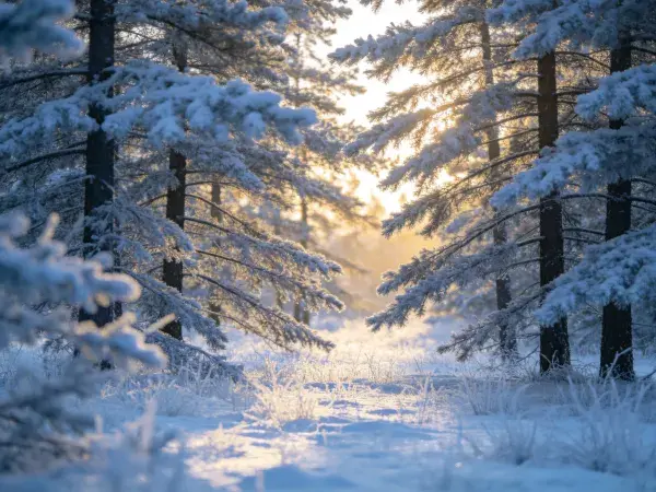 阳光穿透雪松林的冬日晨景