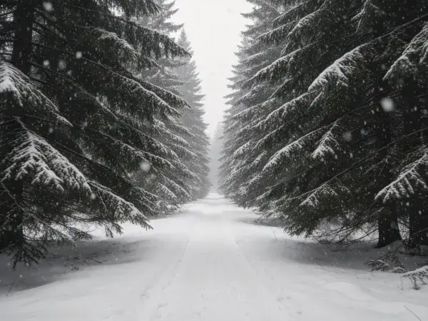 雪松林冬日积雪林间通道场景