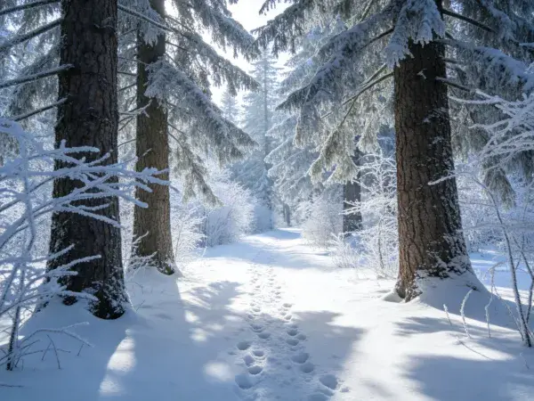 雪地松树林冬日步道场景