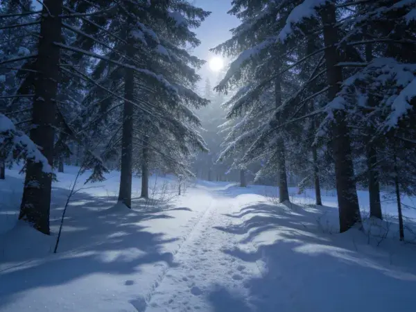 雪地针叶林林间雪道场景