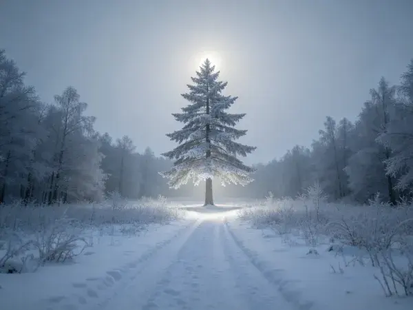 雪地中央的雪松与晨光森林场景