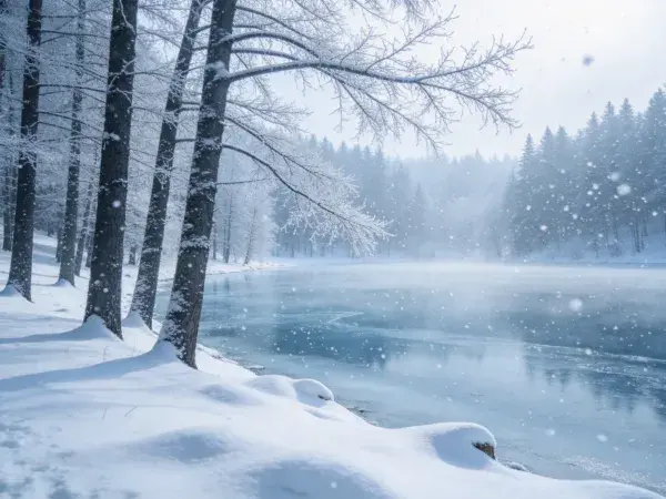 冬季雪林湖景近景特写