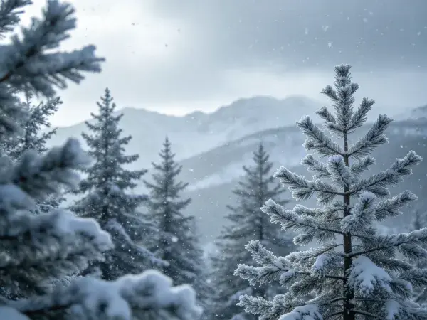 雪松覆盖的冬日山林雪景