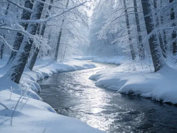 雪覆林木间溪流静静流淌