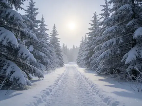 雪松林中积雪覆盖的小径场景