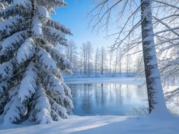 冬季雪景森林湖泊场景