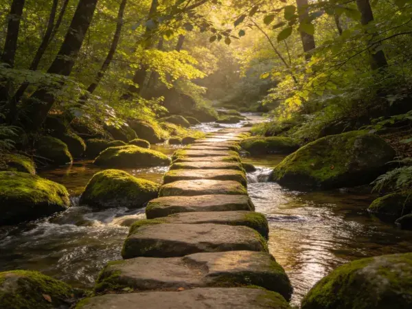 森林溪流石板路径场景
