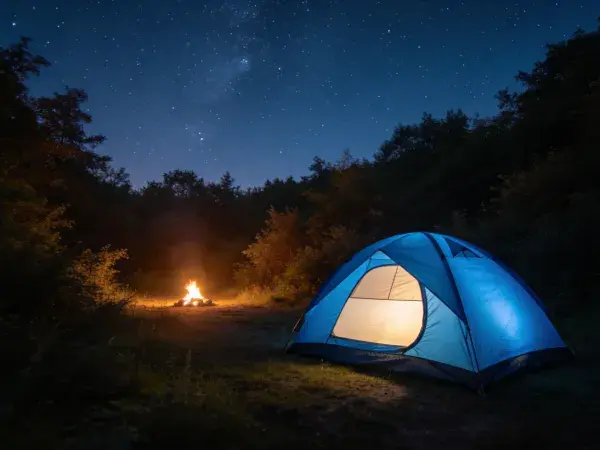 露营夜晚篝火旁的蓝色帐篷场景