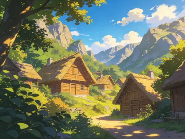 阳光下的山地茅草顶木屋村落场景