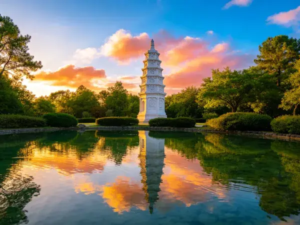 阳光下的园林塔形建筑倒影景观