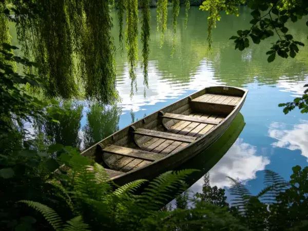 湖畔垂柳下的小木船场景