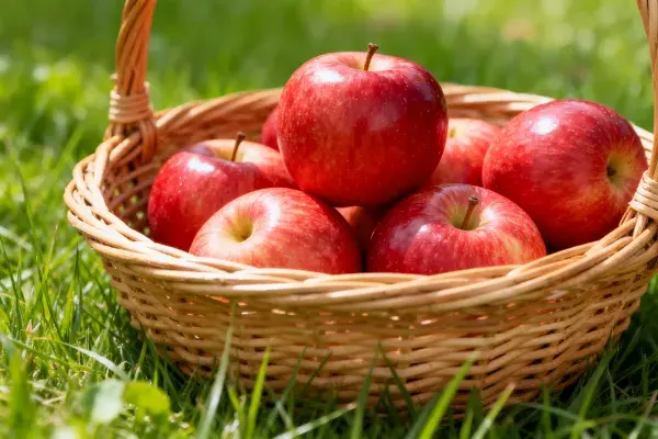 篮中红富士苹果置于草地上的状态