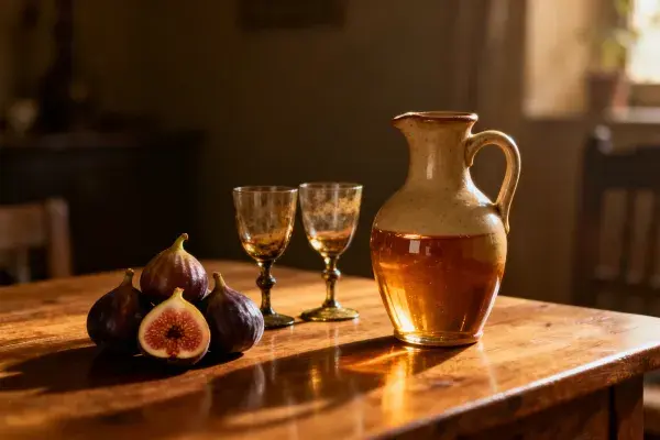 无花果与陶罐酒杯的室内静物特写