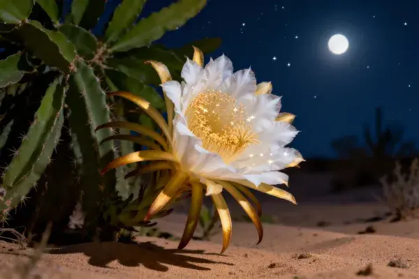 月夜沙漠中的夜来香昙花开花景象