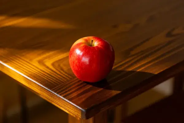 暖光下木桌上的红富士苹果