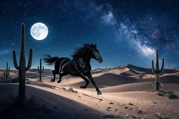黑色纯血马沙漠月夜奔跑场景