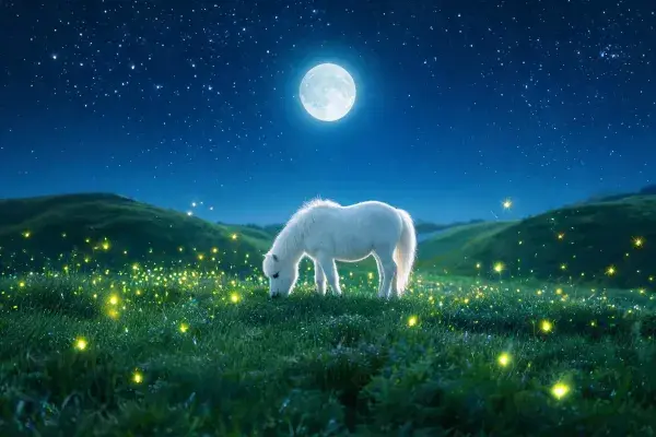露天草地夜间的矮种白马场景