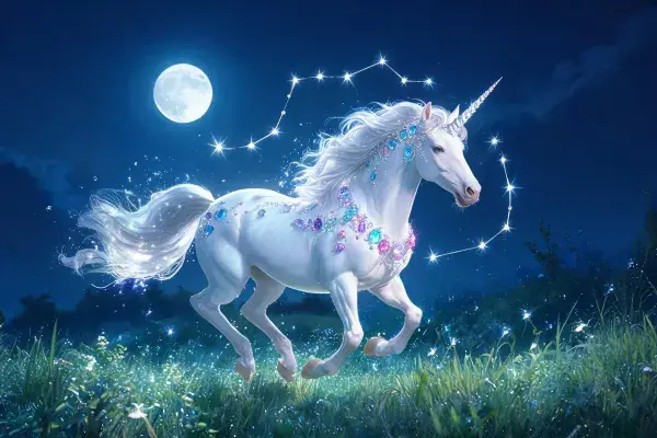 夜间草地上的独角兽场景