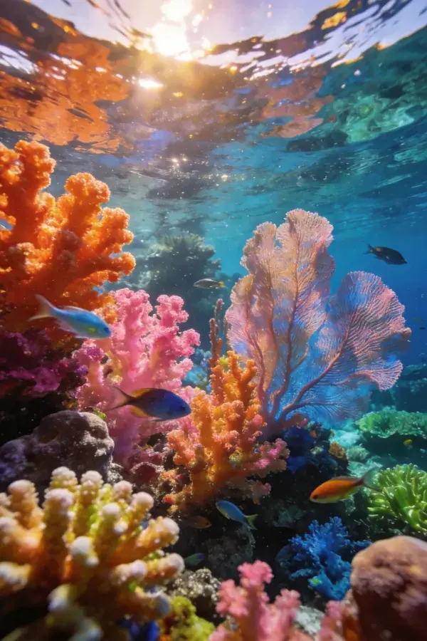 阳光穿透海水照亮多彩珊瑚礁