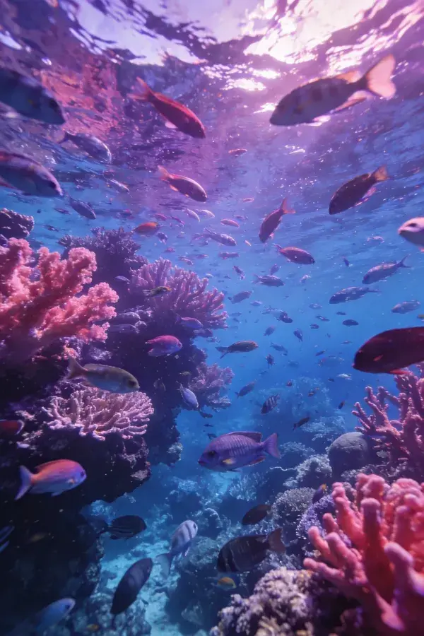热带海域珊瑚礁与多色鱼群生态场景