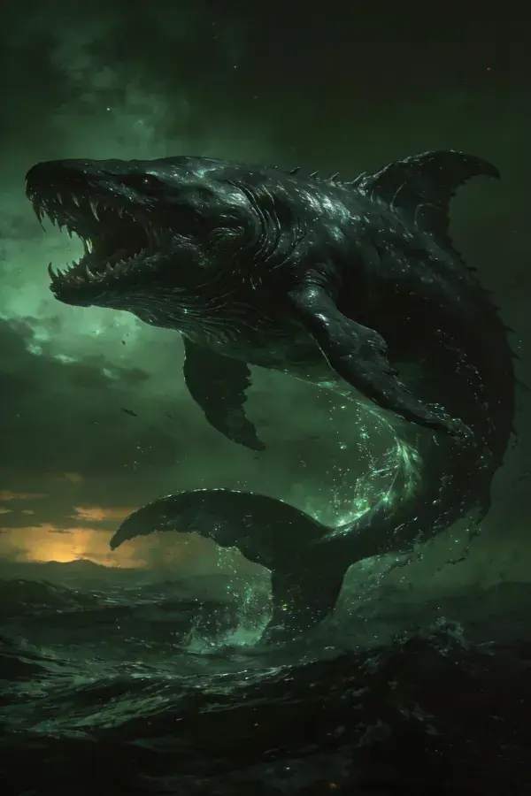 深海幽暗处跃出海面的巨型怪兽