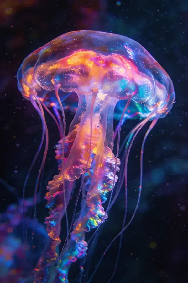深海幽暗中彩虹发光水母特写