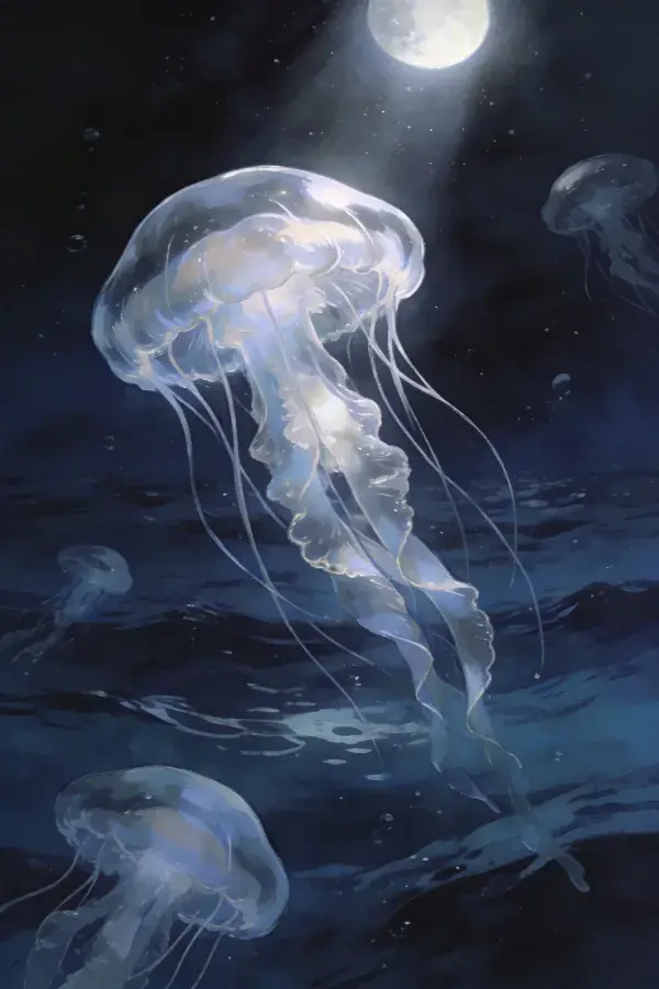 月光下水母群游生态场景
