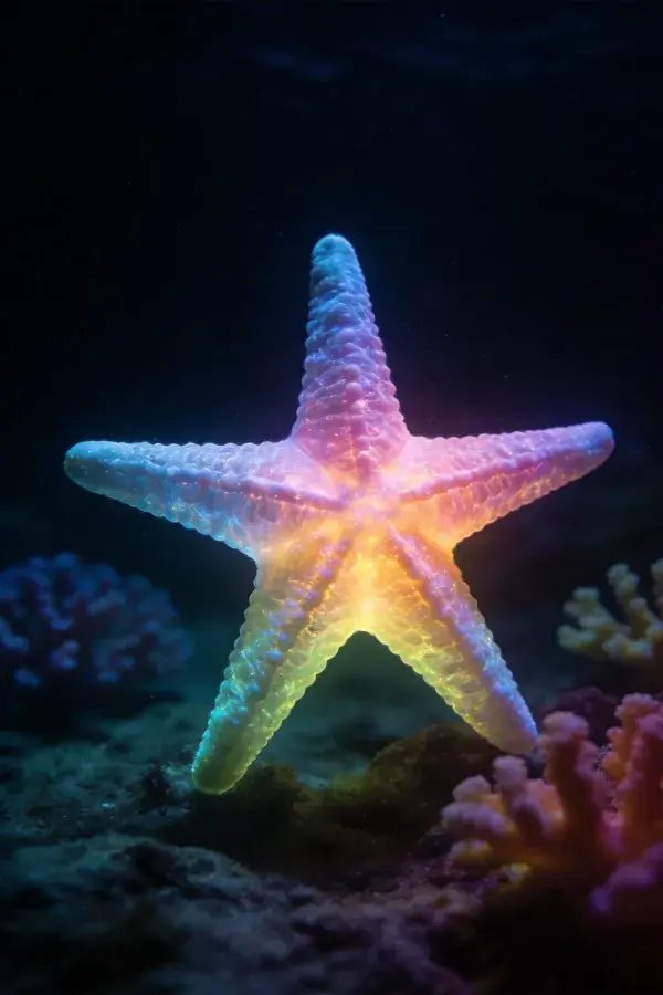 荧光海星与彩色珊瑚礁特写