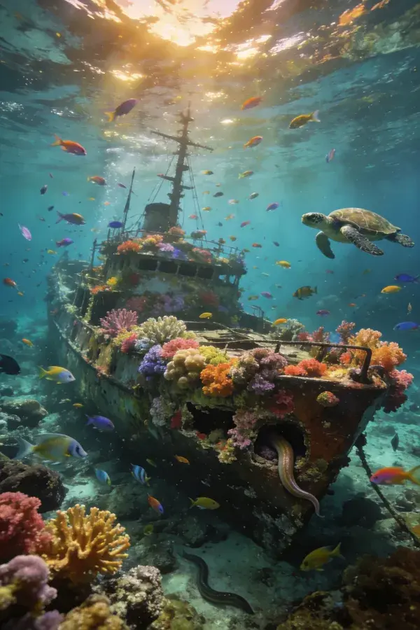 废弃货船上的珊瑚生态场景