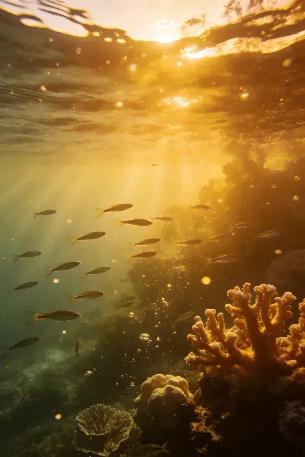 阳光穿透海水的小型礁栖鱼类与珊瑚生态场景