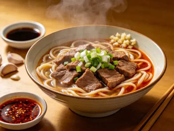 牛肉面碗置于木质桌面场景
