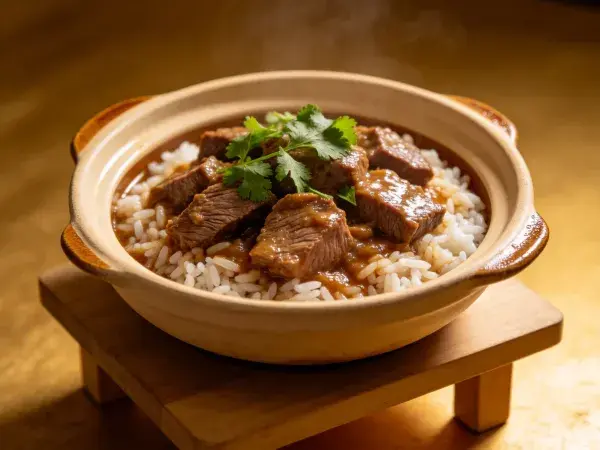 香嫩砂锅炖牛肉盖饭特写