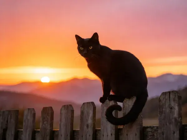 夕落时分木栅栏上的黑猫